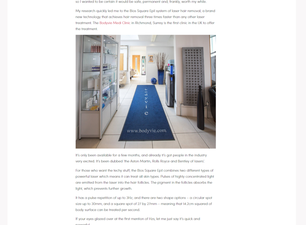 screenshot of Muddy Stilettos article: From razor to laser including clinic image